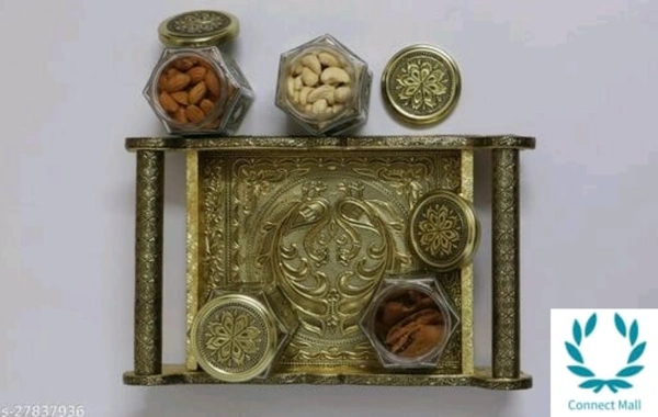 VNS Tray and Jar Peacock Tray wooden 4 Glass Jar) 